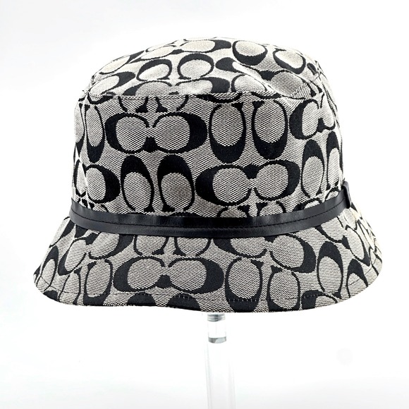 Coach Accessories - Coach Bucket Hat Women M/L Black Grey Excellent Signature Monogram Leather Trim